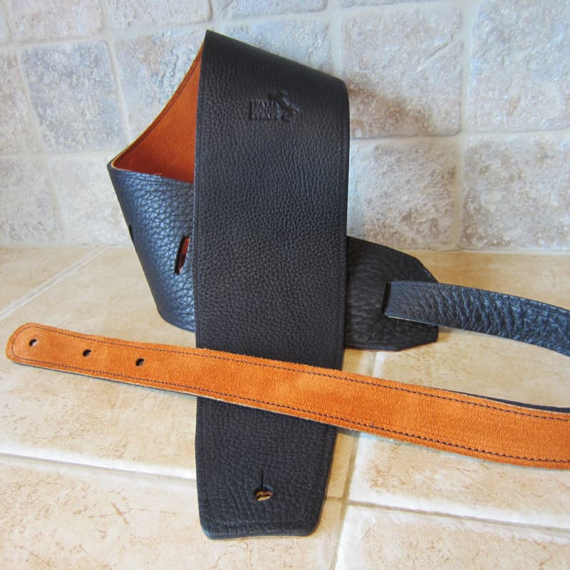 Moody leather 4 inch guitar strap, black and brown, double leather