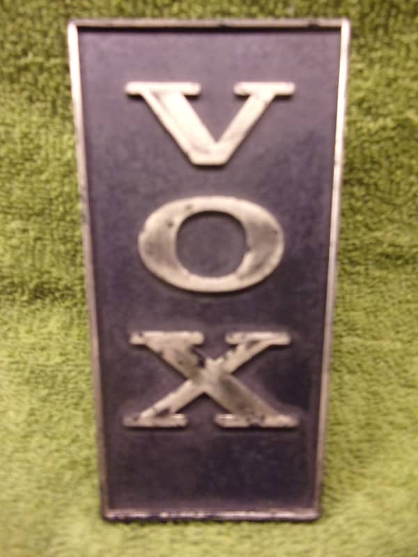 REVISED:  VOX amp logo, 1960's, trapezoidal, black & gold, vertical "pie" logo, pins intact, CIPOLLINA image 1