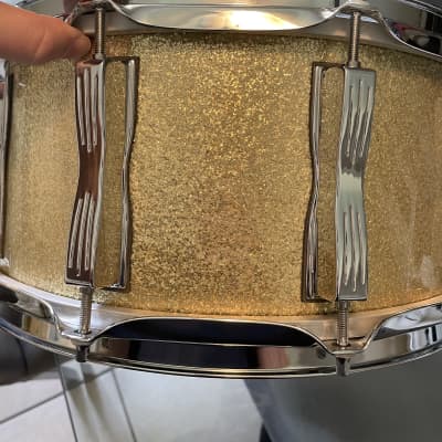 90s Ludwig 6.5 Classic maple snare drum Gold sparkle image 9