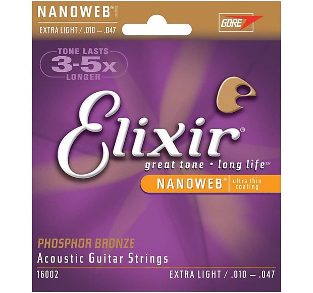 Elixir 16002 Nanoweb Phosphor Bronze Acoustic Guitar Strings - Extra Light (10-47) imagen 1