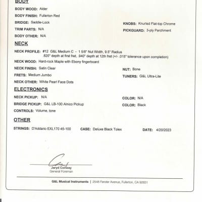 G&L LB-100 Fullerton Red 2023 Bass w/Hardshell Case *Authorized Dealer* image 6