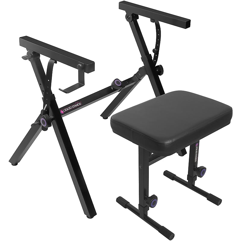 Liquid Stands Foldable Piano Keyboard Stand and Bench Set - Portable Heavy Duty Digital Piano Stand for 54-88 Key Electric Pianos Adjustable Piano Bench, Stool - Sturdy Keyboard Music Stand and Seat image 1