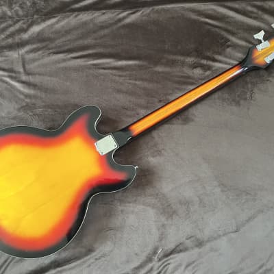 1960s Kent/Hagstrom Semi-Hollow ES-335 Style Short Scale 30" Sunburst Bass Guitar Made in Japan image 2