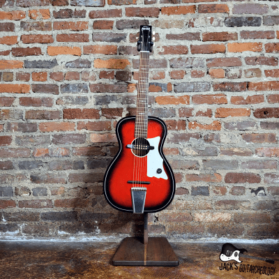 Astro Parlor Guitar w/ Goldfoil Pickup, Rubber Bridge & Gig Bag (1960s, Redburst) image 5