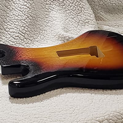 Top quality USA made Alder gloss Nitro body in "3 tone sunburst". Made for a Strat neck.#3TNS-1. only 3lb ,11 ounces. Free pick guard while supplies last. image 6