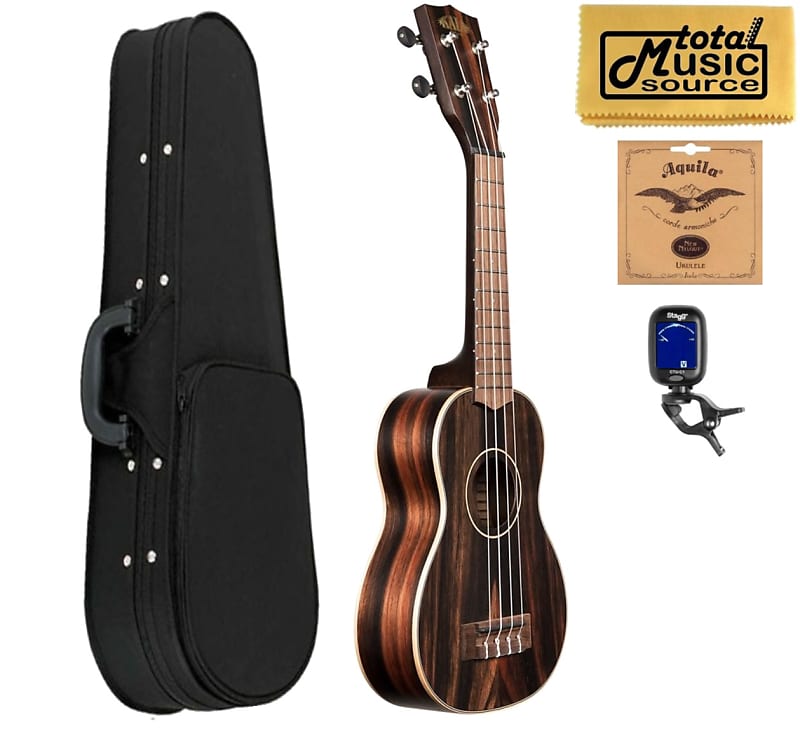 Kala KA-EBY-S Soprano Striped Ebony Satin Finish Ukulele w/ Soft Case Bundle