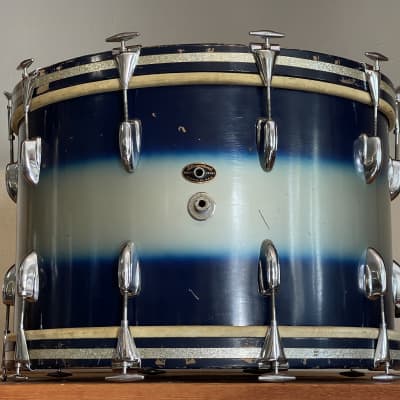 1950's Slingerland Blue & Silver Duco 14 x 22" Artist Bass Drum Original Calf Heads image 12