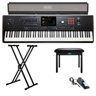 Korg 88-Key Pa5X Professional Arranger Bundle with Korg PaAS MK2 3-Channel 120W Amplification System, Double X Keyboard Stand, Flip-Top Piano Bench (Black), Piano Style Sustain Pedal (Black) (5 Items)