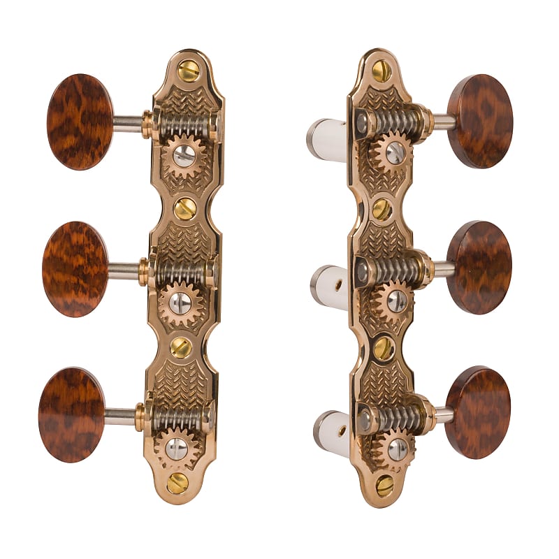 Sloane Classical Guitar Tuners with Ivoroid Knobs and Deco Baseplates,  Bright Brass, White Rollers