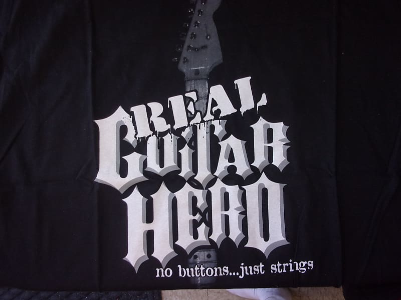 New "Real Guitar Hero No buttons...Just Strings"  funny T-shirt XL black shirt  strat on front image 1