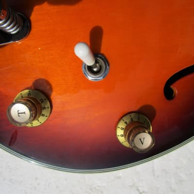 Conrad Violin Shape Guitar, 1960's,  Sunburst, Hang Tags, Scroll Headstock, Original Case image 10
