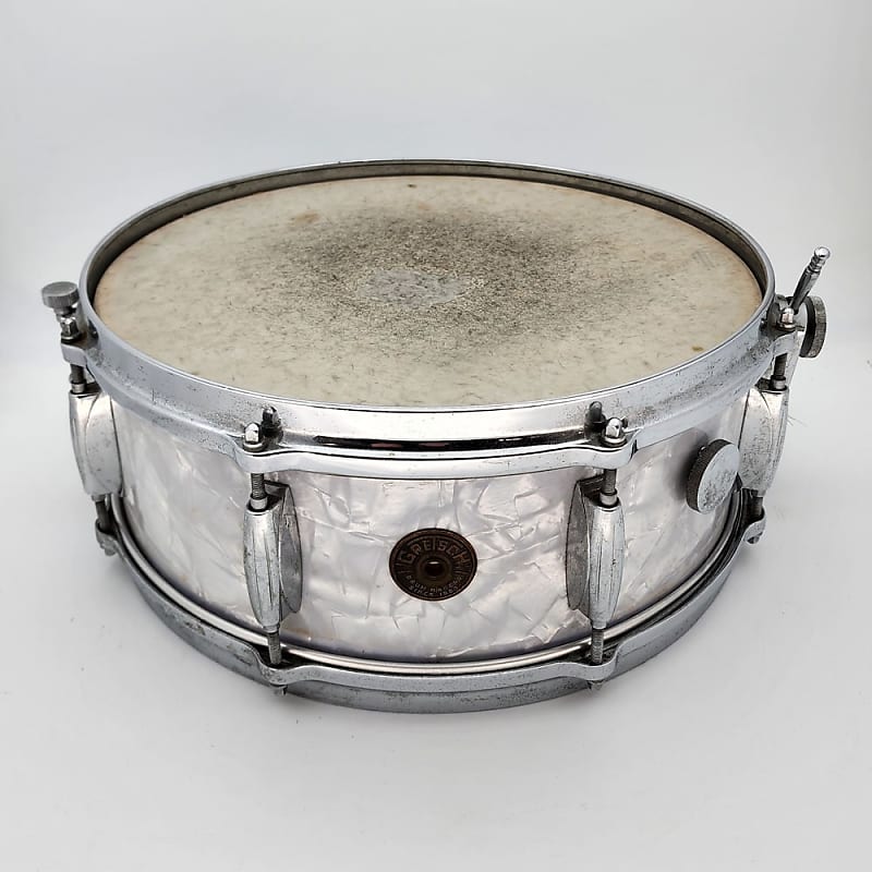 Used Vintage Gretsch Round Badge '60s Snare Drum 14x5.5 White Marine Pearl image 1