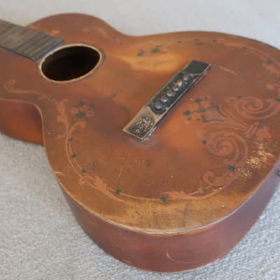 Vintage 1930s Supertone Hawaiian Acoustic Parlor Guitar Stencil Beatup Worn In Prop Artwork image 6