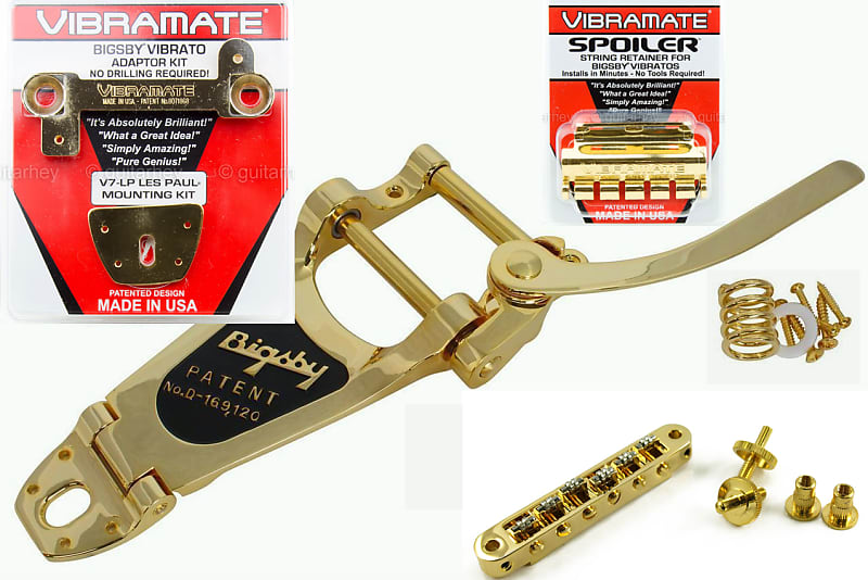 OUR BEST! Bigsby Gold B7 Tremolo & Vibramate V7, String Spoiler, Tonepros roller bridge, For Gibson Les Paul image 1