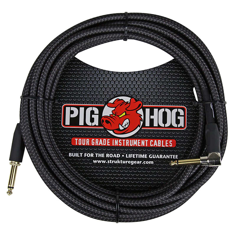 Pig Hog PCH20BKR Instrument Cable, Straight - Angle, 20ft, Black Woven image 1