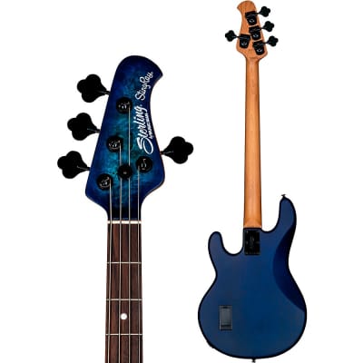 Sterling by Music Man StingRay Ray34 Burl Top Rosewood Fingerboard Electric Bass Regular Neptune Blue Satin image 4