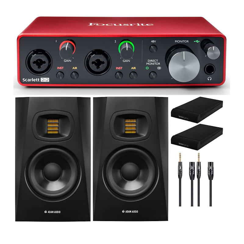 Focusrite Scarlett 2i2 3rd Gen 2x2 USB Audio Interface Bundle with Adam  Audio T7V 7-Inch Powered Studio Monitor (2-Pack), Isolation Pads (2-Pack)  and