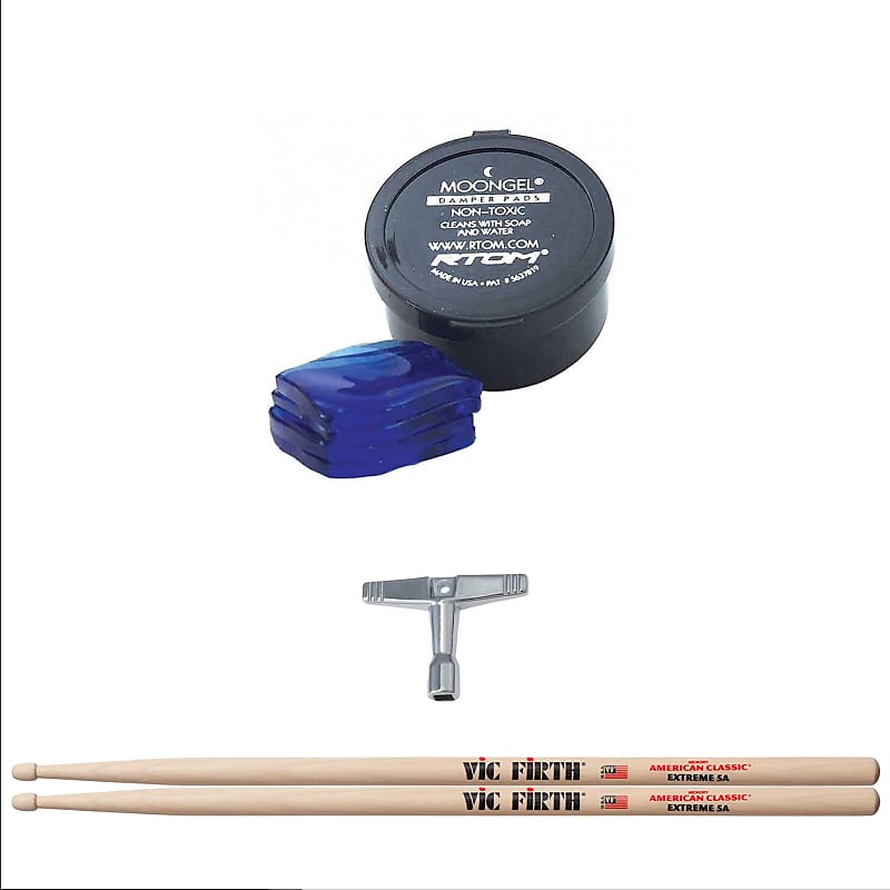 Vic Firth American Classic Extreme 5A Wood Tip Drum Sticks, Gibraltar Standard Drum Key, and RTOM Moongel Dampers Bundle image 1