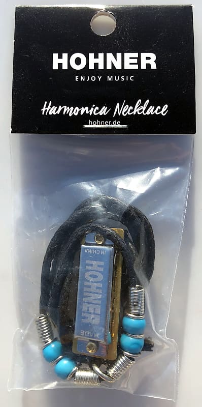 Hohner 38N Mini Harmonica Necklace Chrome with Light Blue Beads Key of C image 1