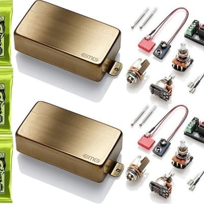 EMG 81 + 60 BRUSHED GOLD ACTIVE SOLDERLESS HUMBUCKER GUITAR PICKUP SET  SHORT SHAFT POTS & WIRING