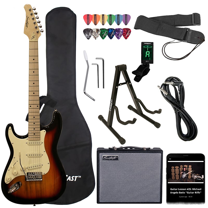 Sawtooth Left-Handed Sunburst ES Series Electric Guitar w/ Vanilla Cream Pickguard - Includes: Accessories, Amp & Gig Bag image 1