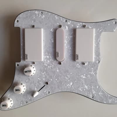 Handmade prewired HSH Neodymium Strat pickguard with HB split switch TR BL and mid PU cutoff switch image 1