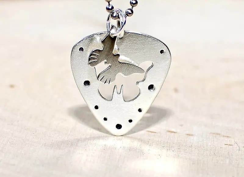 sterling silver guitar pick necklace with playable pick - butterflies image 1