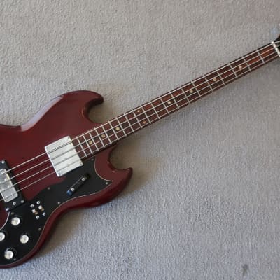Vintage 1970s Teisco "Rhythmline" Brand SG EB Made In Japan Lawsuit Wine Red Bass Guitar Short Scale image 1