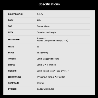Cort G280 Select Trans Black Flamed Maple Top Alder Locking Tuner Voiced Tone image 10
