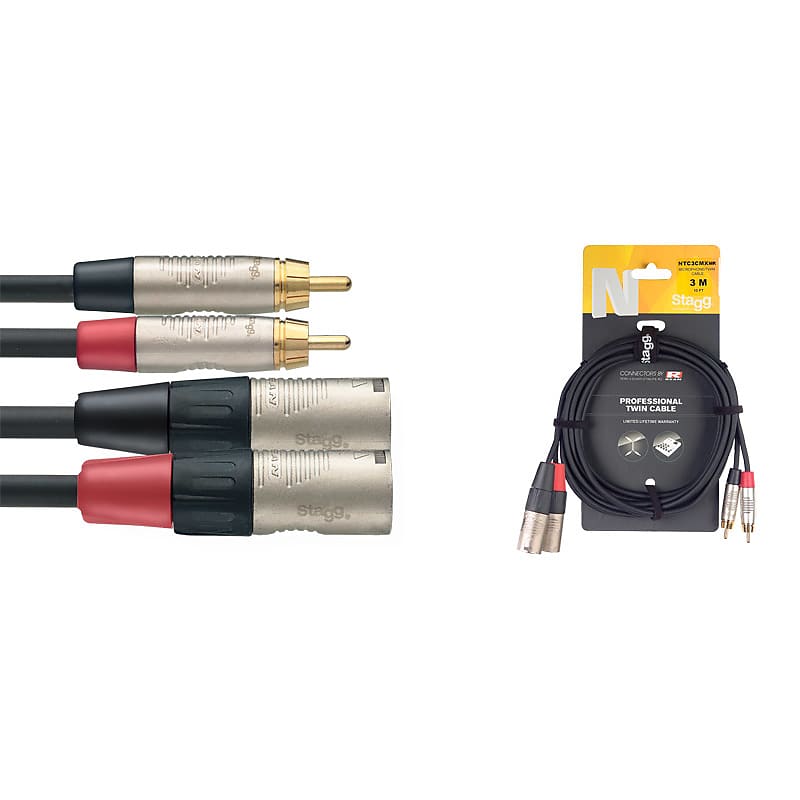 Stagg NTC3CMXMR 3m/10ft Twin Male RCA Phono To Male XLR Cable  			