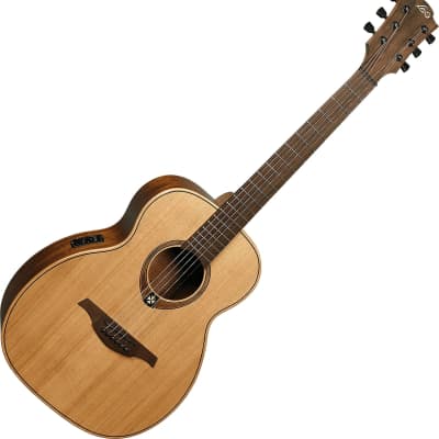 LAG TRAVEL-RCE Travel Series Solid Red Cedar Khaya Neck Acoustic -Electric w/ Case 43 mm Nut Width image 6