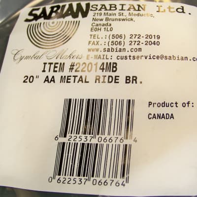Sabian AA 20" Metal Ride Cymbal/Model # 22014MB/Brand New image 5