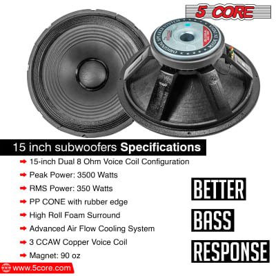 5 Core 15" Inch PA DJ Audio Subwoofer Replacement Speaker Sub Bocina Orador Black PP CONE with rubber edge 8 Ohm , 350 W , Loudspeaker  15 185 AL 350W image 4