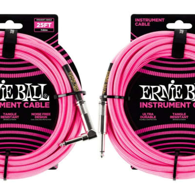 Ernie Ball 25ft Braided Straight Angle Inst Cable Neon Pink 2 Pack image 1