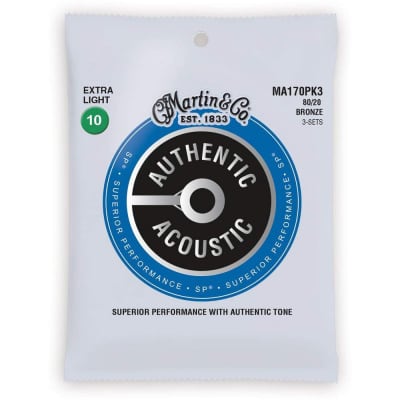 Martin MA170PK3 Authentic Acoustic SP 80/20 Bronze Acoustic Guitar Strings - Extra Light (.10 - .47) 3-Pack