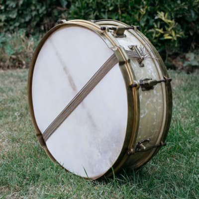 Vintage 1920s Leedy 'Full Dress' 14x4 Snare Drum in White Marine Pearl image 10