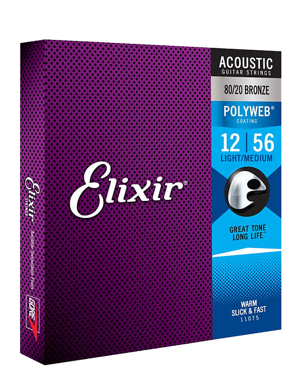 Elixir Strings 80/20 Bronze Acoustic Guitar Strings  POLYWEB Coating, Light/Medium (.012-.056) image 1