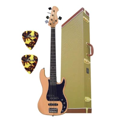 Artist Vintage Hybrid Natural 5 String Active/Passive Bass Guitar & Tweed Case for sale