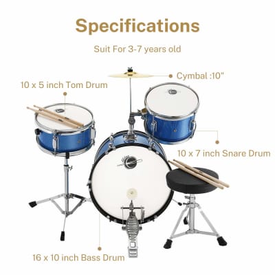 Kids Drum Set 16 Inch 3-Piece, Junior Drum Set Kit With Throne, Cymbal, Pedal & Drumsticks,Metallic Blue (Eds-280Bu) image 2