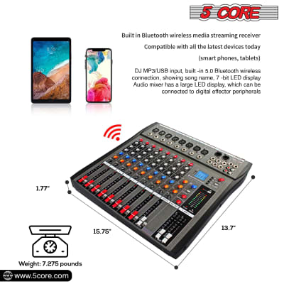 Aveek Professional Audio Mixer, Sound Board Mixing Console with 5 Channel  Digital USB Bluetooth Reverb Delay Effect, Input 48V Phantom Power Stereo  DJ