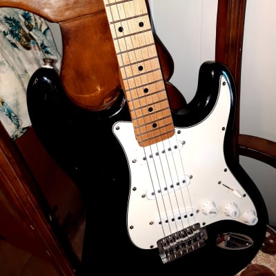 INDY CUSTOM Black with White pickguard strat style guitar, natural blond wooden neck early 2000's image 11