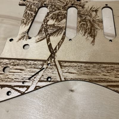 US made palms beach sea satin laser engraved wood pickguard for Stratocaster image 3