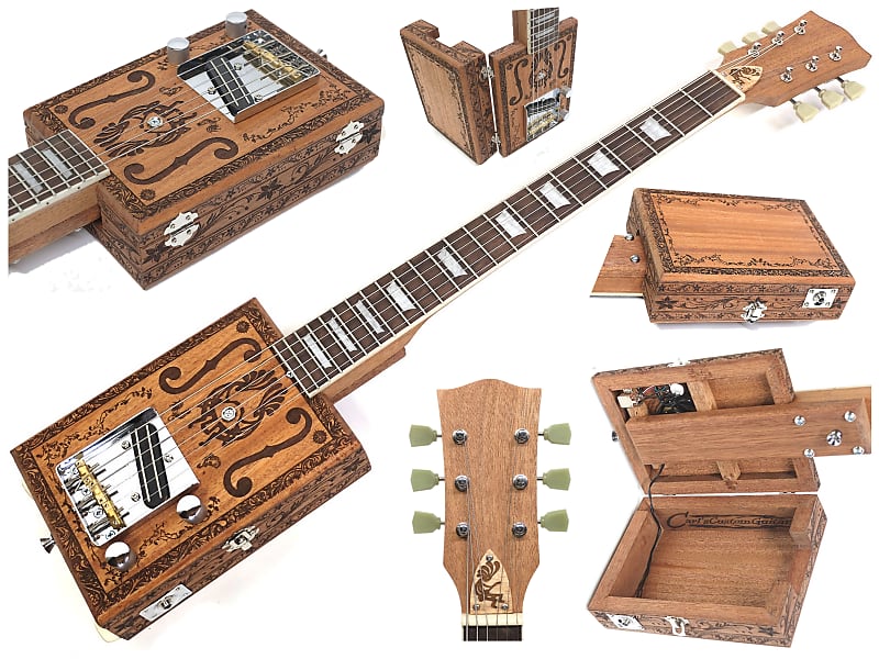 Handcrafted Engraved Solid Mahogany 6 String Opening Body Full 24.75"Scale Electric Cigar Box Guitar image 1