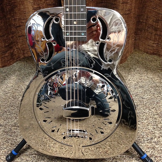 Recording King SO-998-EF Limited Edition Chrome Engraved Resonator Guitar  Floral Motif
