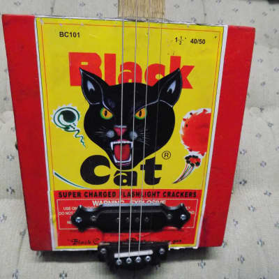 Black Cat Cigar Box Guitar - Home Made - Electric 4 String Black Cat 2020 - Black & Red image 2