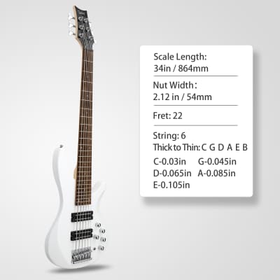 Glarry 44 Inch GIB 6 String H-H Pickup Laurel Wood Fingerboard Electric Bass Guitar with Bag and other Accessories 2020s - White image 6
