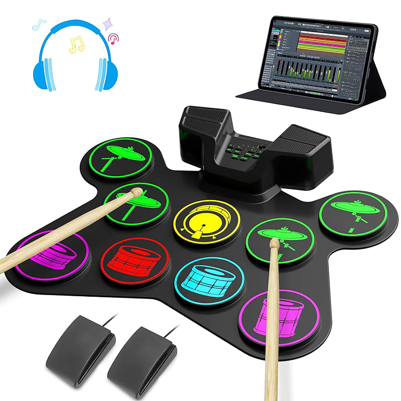 Electronic Drum Set, 9 Drum Practice Pad With Headphone Jack, Roll-Up Drum Pad Machine With Built-In Speaker Drum Pedals Drum Sticks 10 Hours Playtime, Ideal Christmas Holiday Gift For Kids image 1