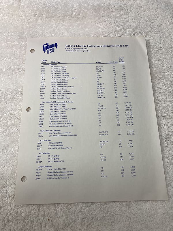 1993 September Gibson Guitar Price List Reverb