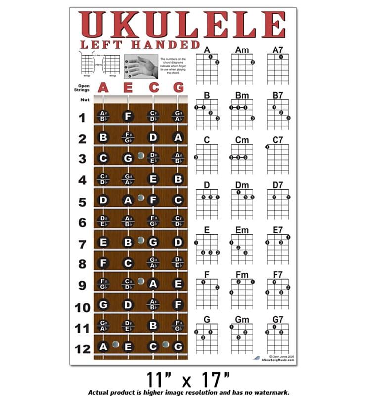 Laminated Ukulele Fretboard Notes & Easy Beginner Chord Chart 11x17  Instructional Poster for Soprano Concert Tenor Uke by A New Song Music