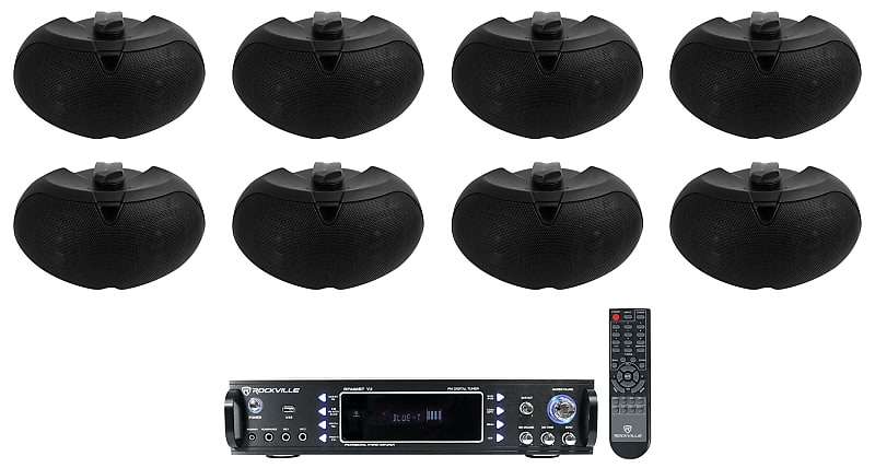 (8) Rockville D4-16 Black Dual 4&quot; 16 Ohm Outdoor Home Patio Speakers+Receiver  			